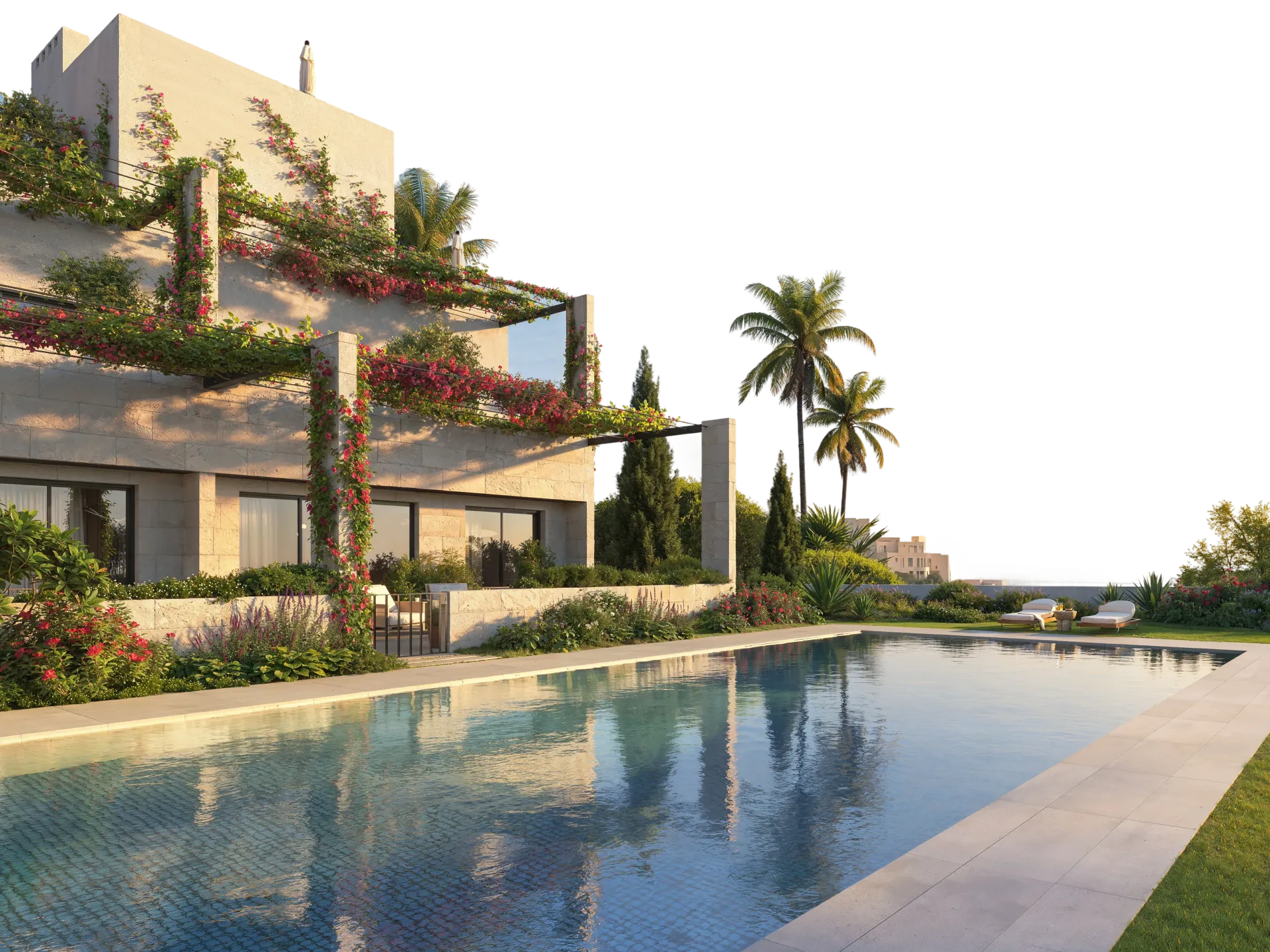 Modern building with flowering vines beside a rectangular swimming pool and palm trees.